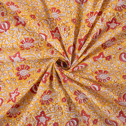 Dress Fabric - Orange Floral Hand Block Printed Fabric