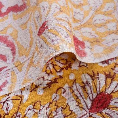 Dress Fabric - Orange Floral Hand Block Printed Fabric