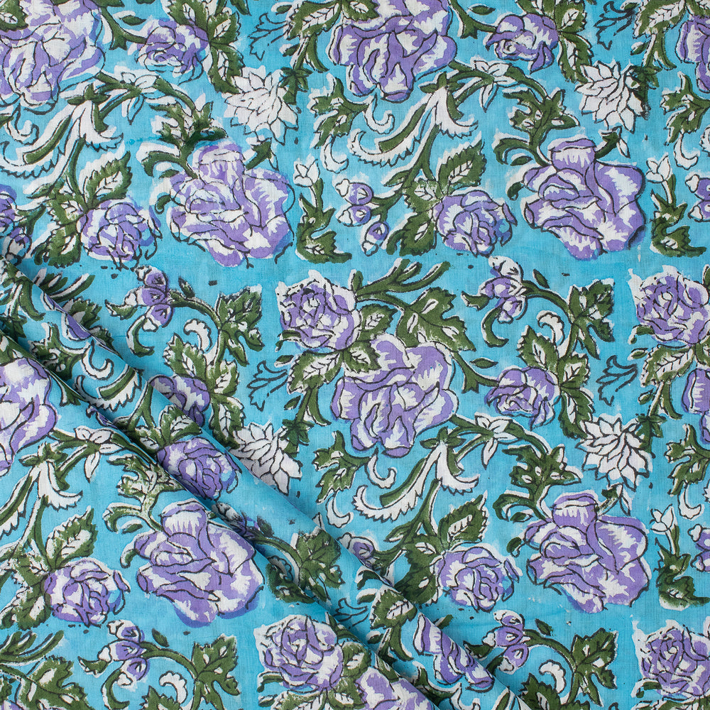 Light Weighted Blue Floral Hand Block Printed Fabric Online