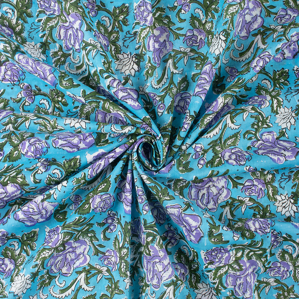Light Weighted Blue Floral Hand Block Printed Fabric Online