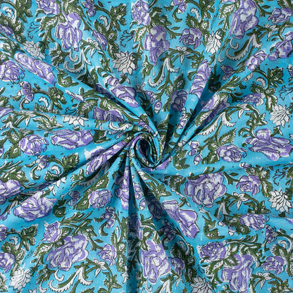Light Weighted Blue Floral Hand Block Printed Fabric Online