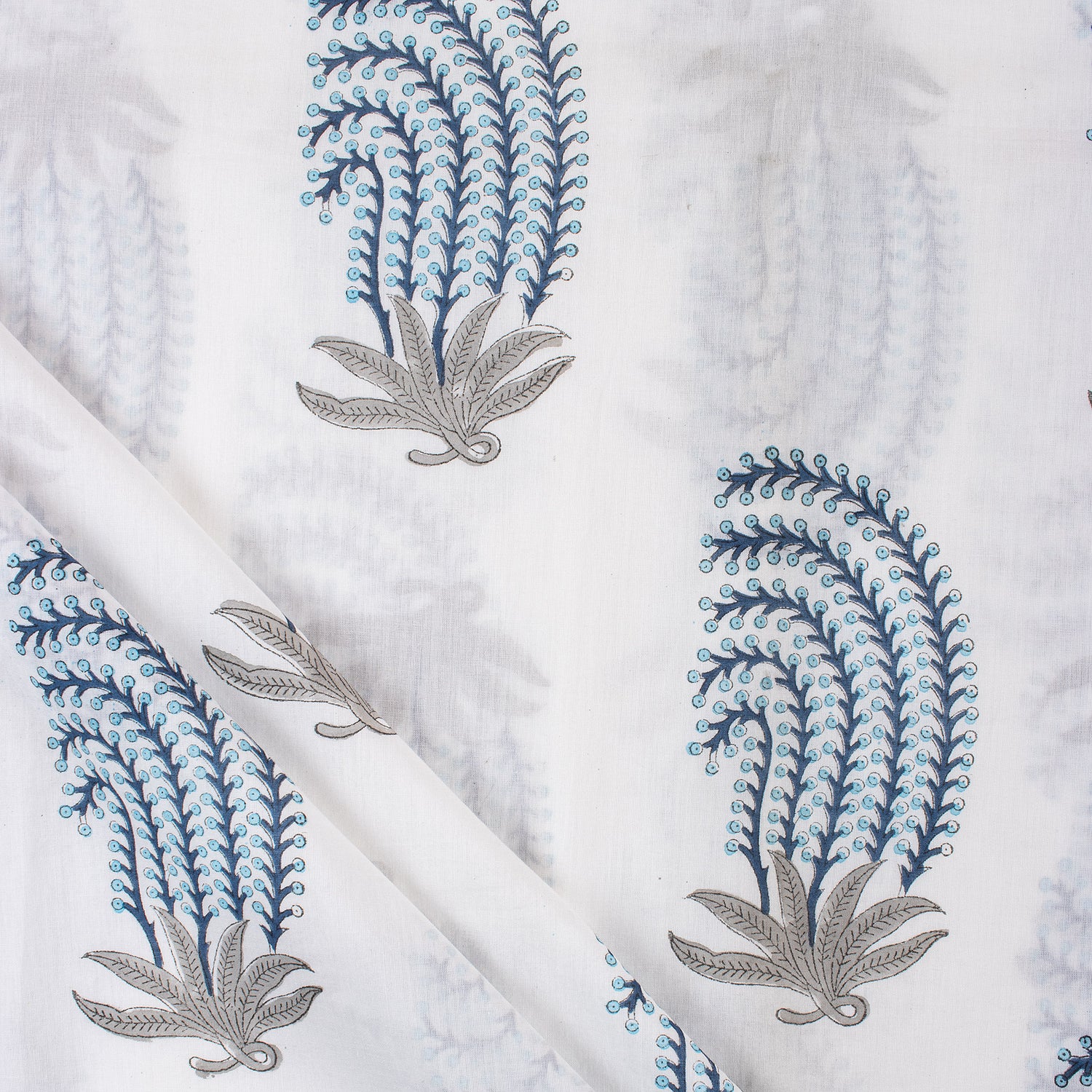 Blue Leaf Hand Block Printed Pure Cotton Fabric Online