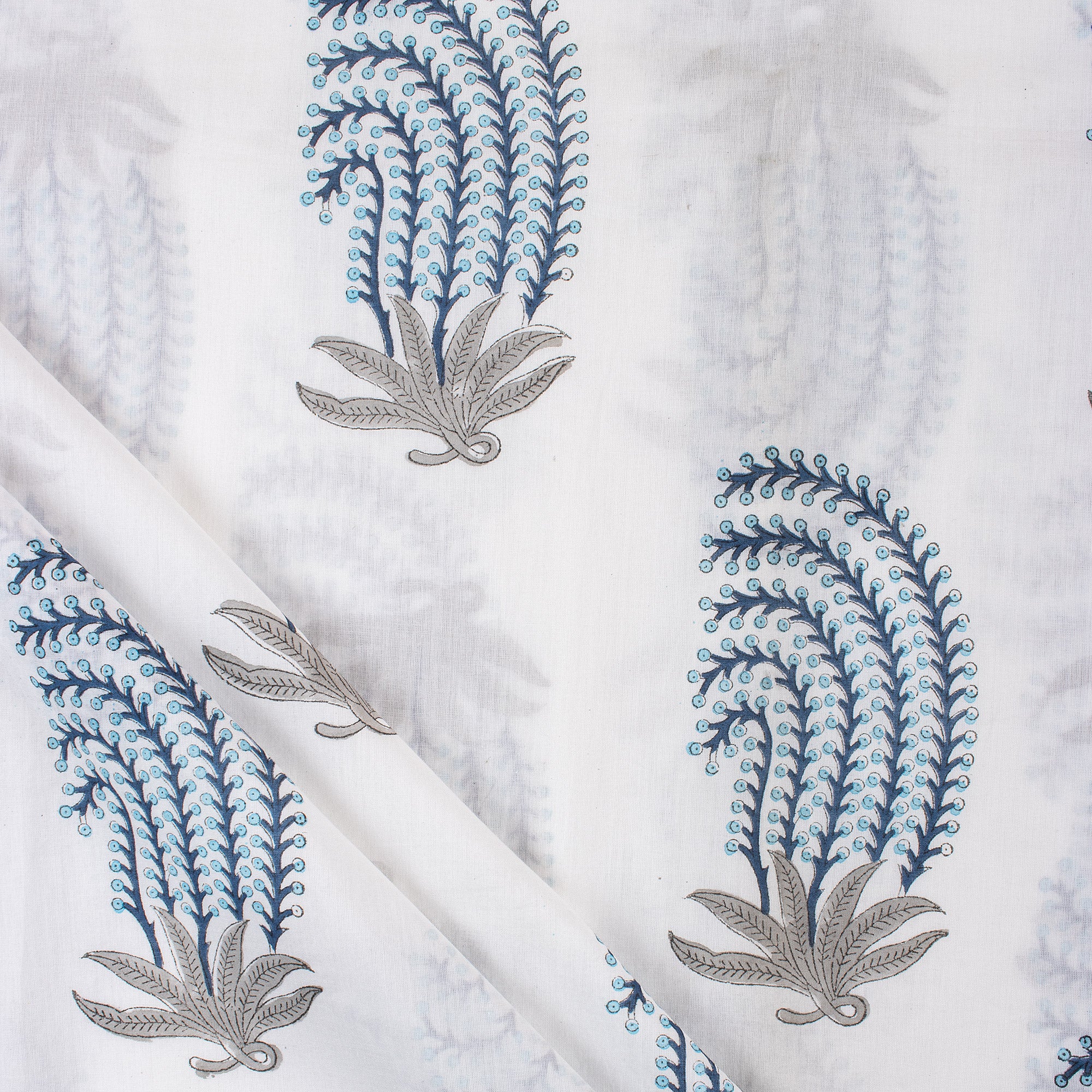 Blue Leaf Hand Block Printed Pure Cotton Fabric Online