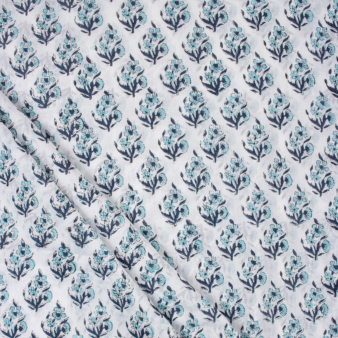 Indian Blue Floral Hand Block Printed Fabric for Dress Material