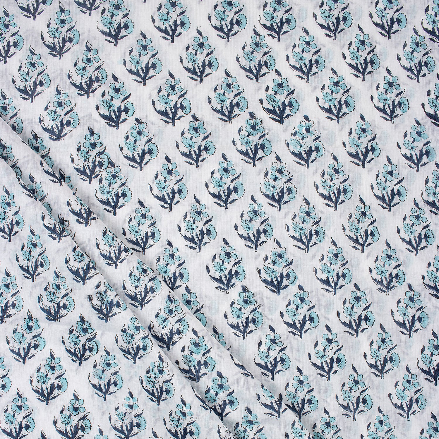 Indian Blue Floral Hand Block Printed Fabric for Dress Material