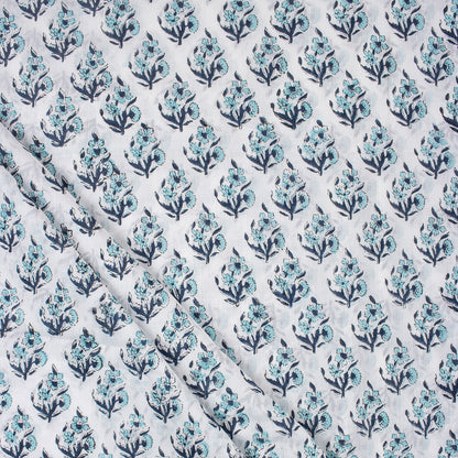 Indian Blue Floral Hand Block Printed Fabric for Dress Material