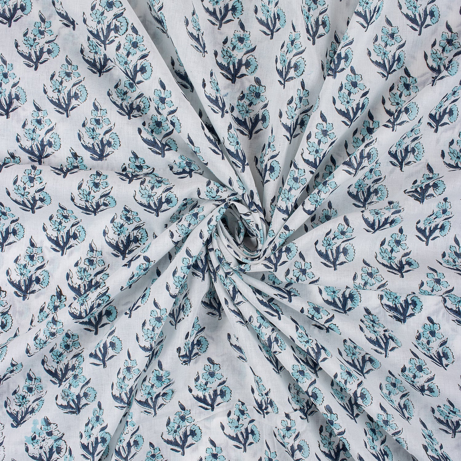 Indian Blue Floral Hand Block Printed Fabric for Dress Material