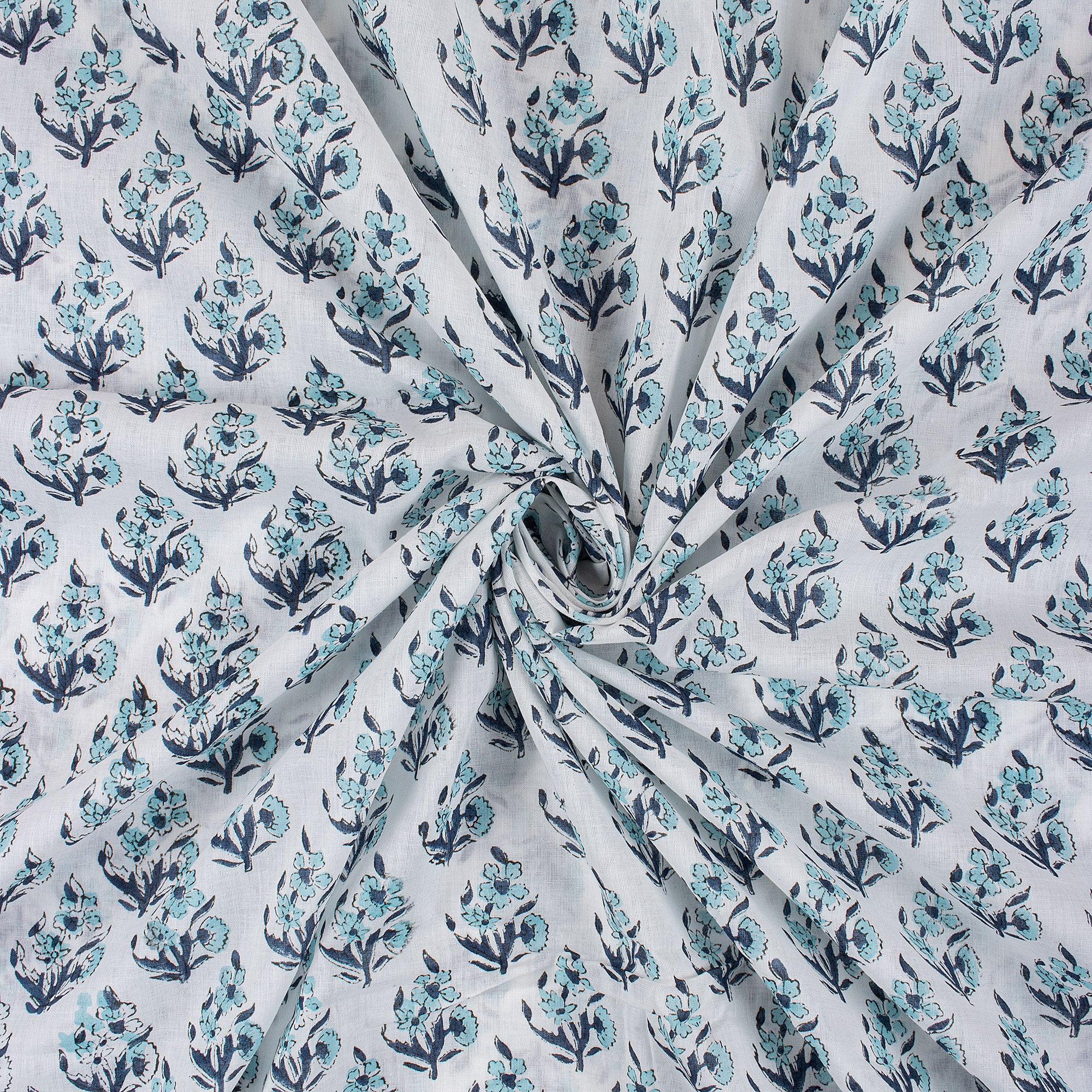 Indian Blue Floral Hand Block Printed Fabric for Dress Material