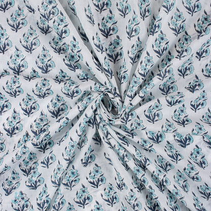 Indian Blue Floral Hand Block Printed Fabric for Dress Material