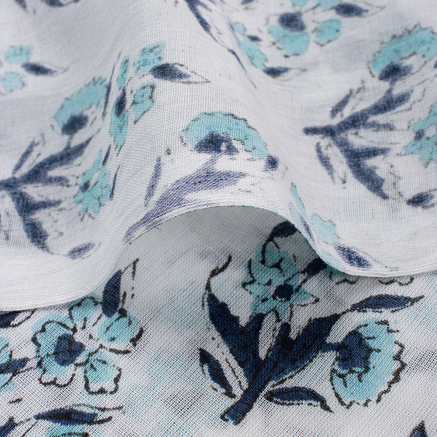 Indian Blue Floral Hand Block Printed Fabric for Dress Material