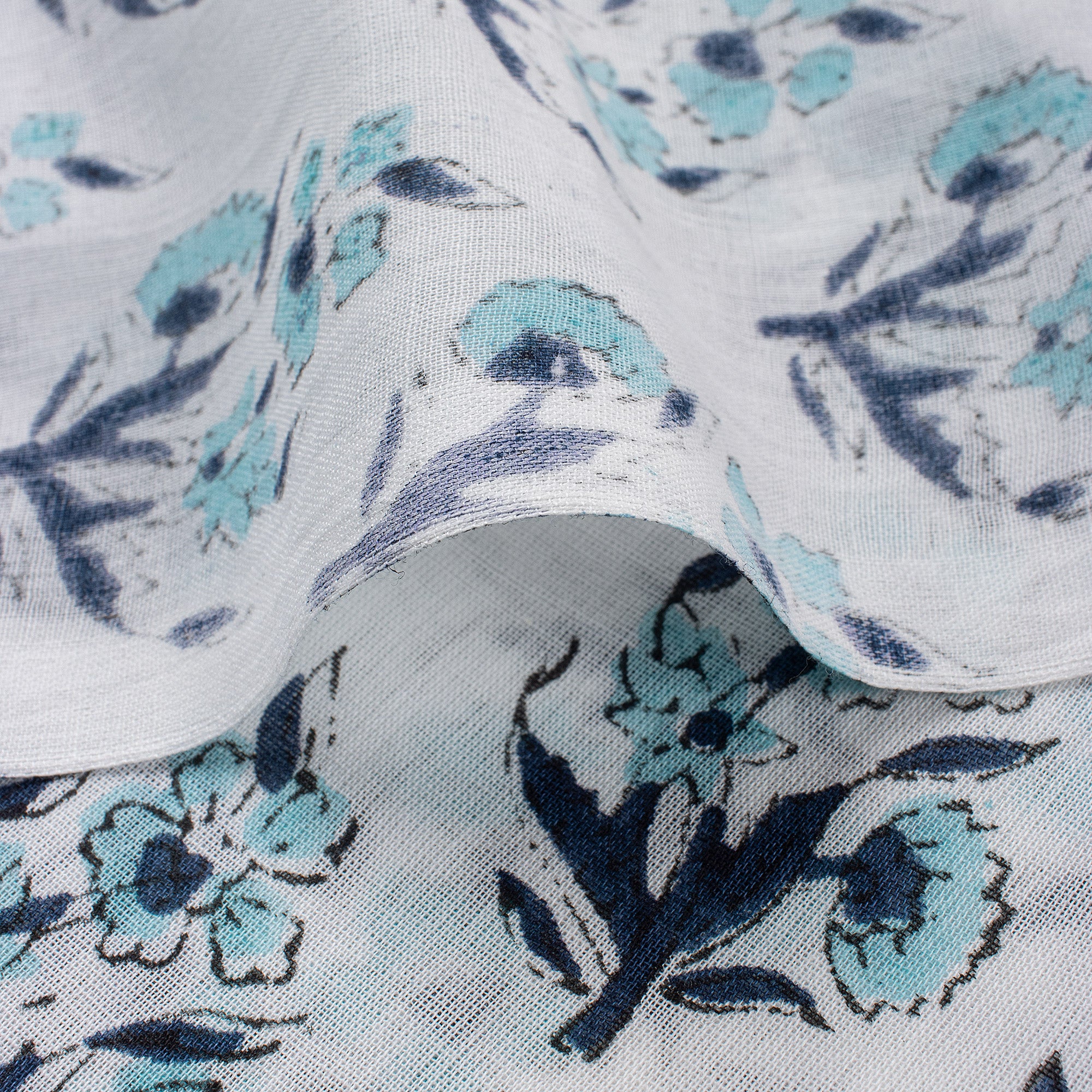 Indian Blue Floral Hand Block Printed Fabric for Dress Material