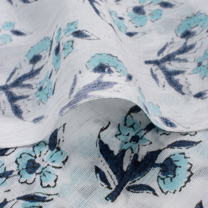 Indian Blue Floral Hand Block Printed Fabric for Dress Material