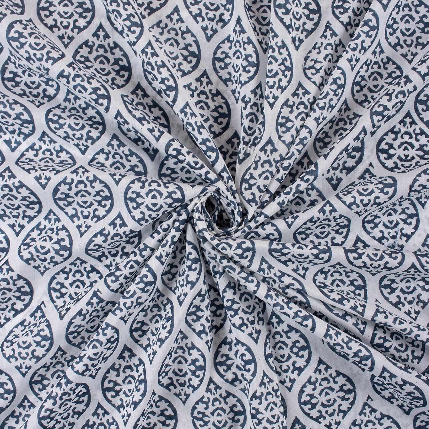 Online Hand Block Printed Blue Leaf Cotton Fabric