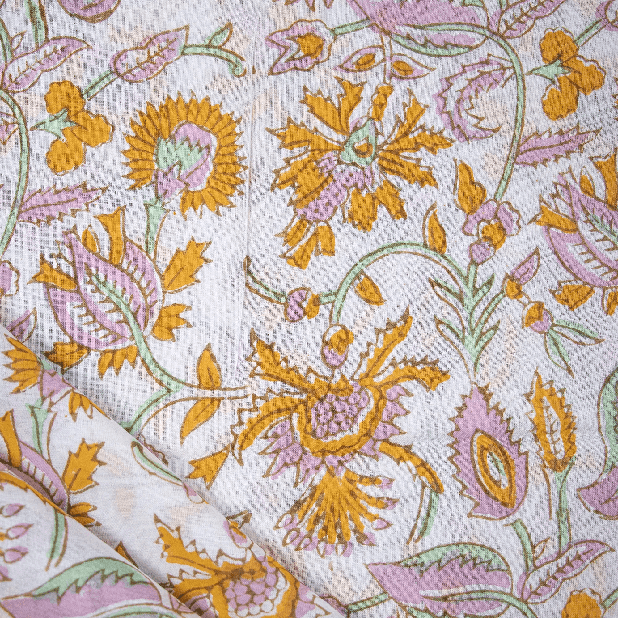 Yellow Flower Sanganeri Cotton Fabric