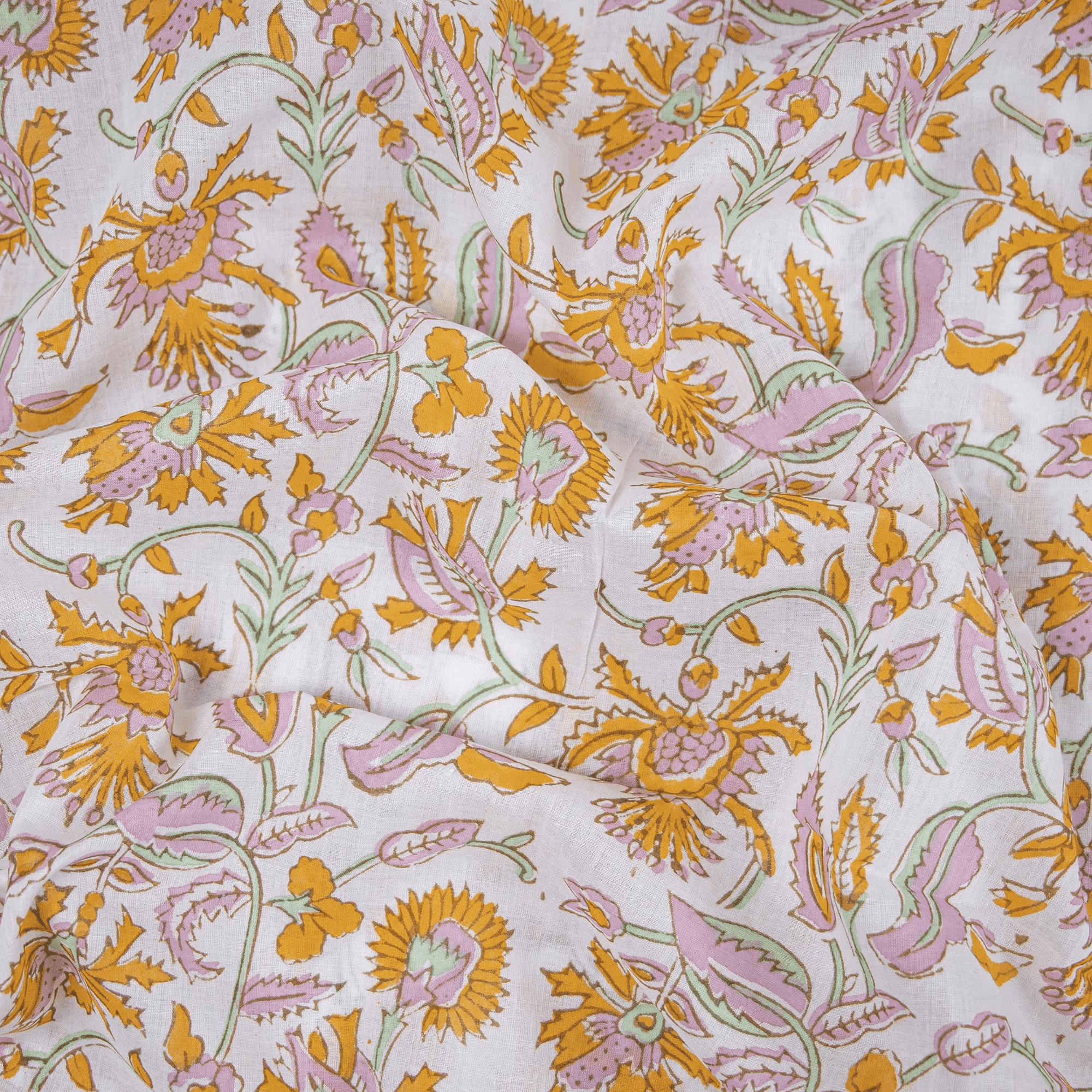Yellow Flower Sanganeri Cotton Fabric