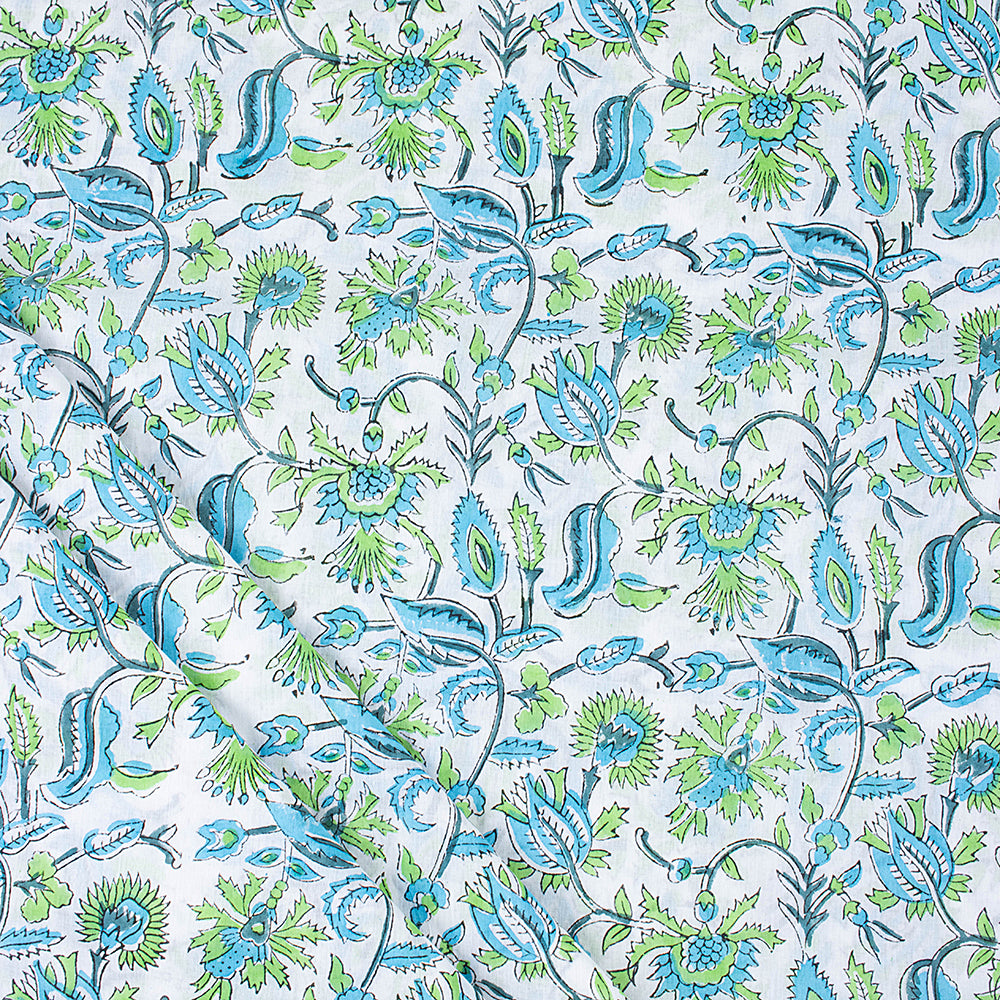 Hand Block Blue Floral Pure Cotton Indian Printed Textile Fabric
