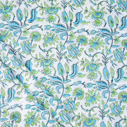 Hand Block Blue Floral Pure Cotton Indian Printed Textile Fabric