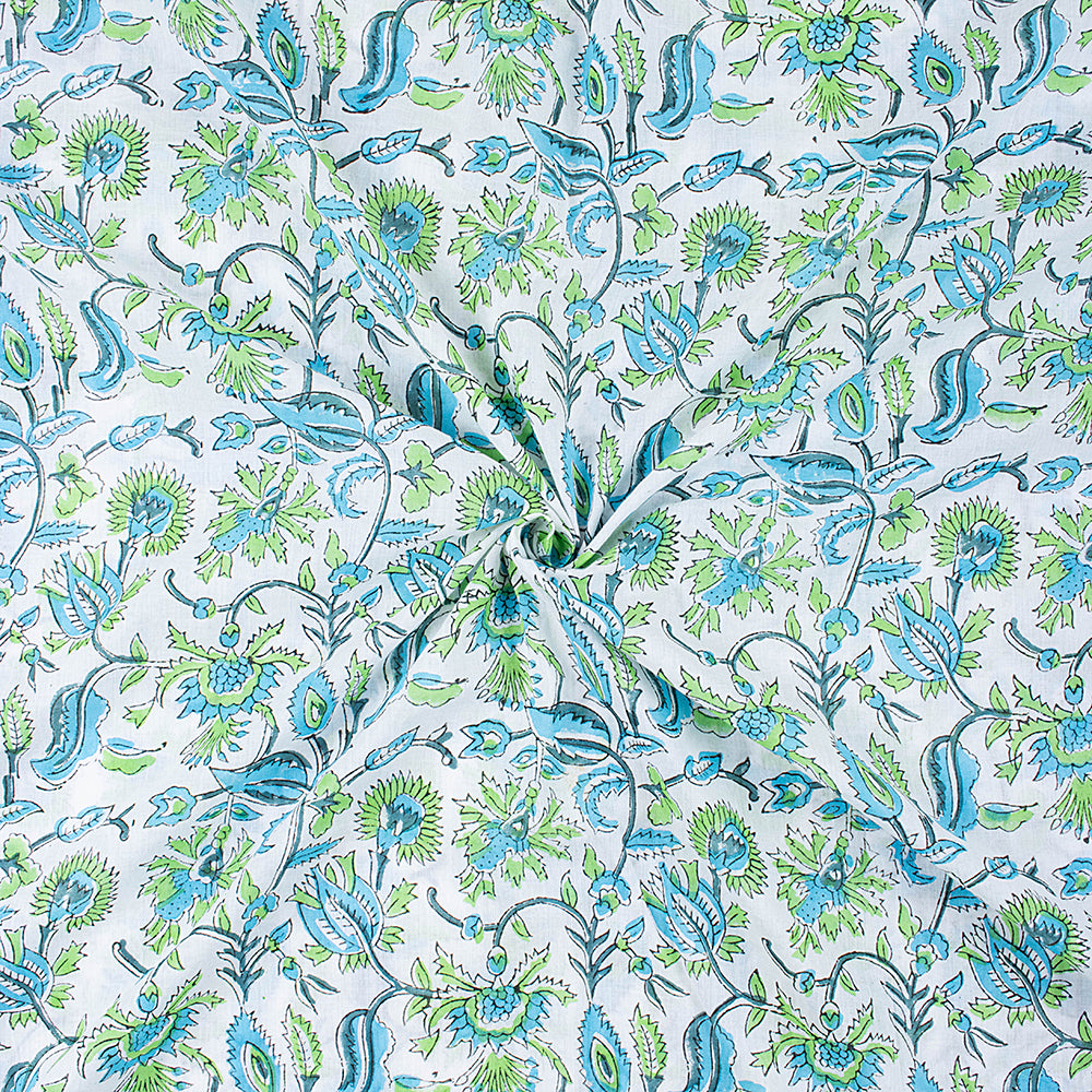 Green Natural Hand Dyed Floral Print Silk Fabric