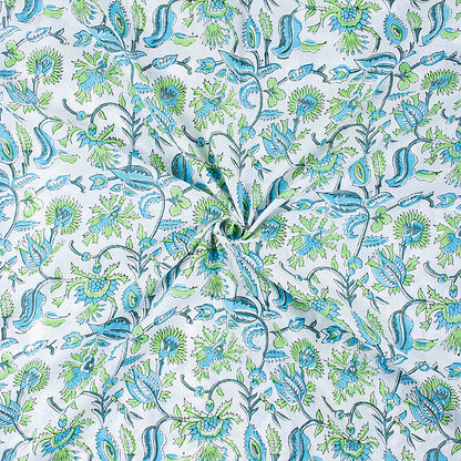 Green Natural Hand Dyed Floral Print Silk Fabric