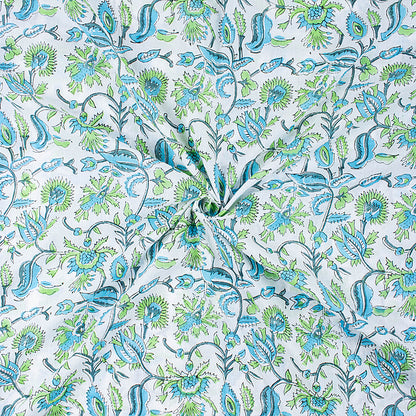 Hand Block Blue Floral Pure Cotton Indian Printed Textile Fabric