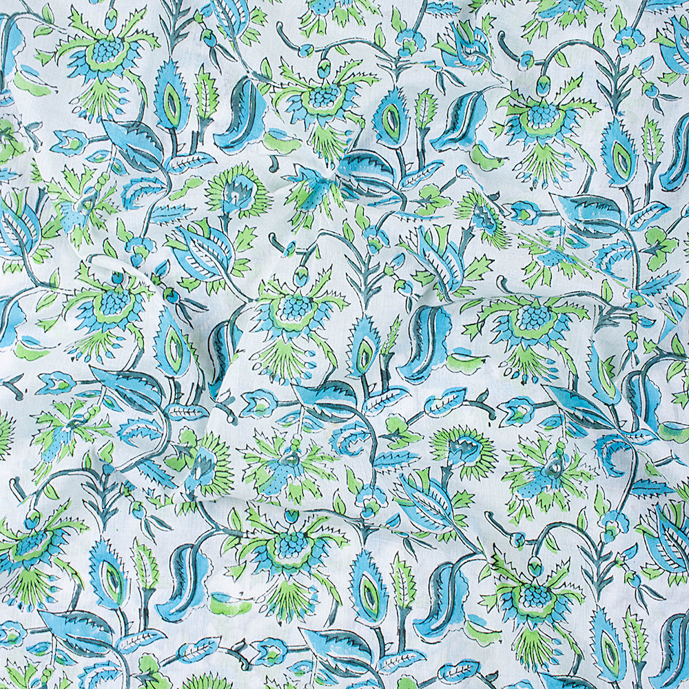 Green Natural Hand Dyed Floral Print Silk Fabric