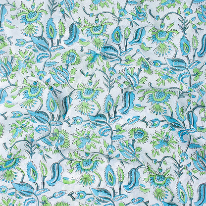 Hand Block Blue Floral Pure Cotton Indian Printed Textile Fabric