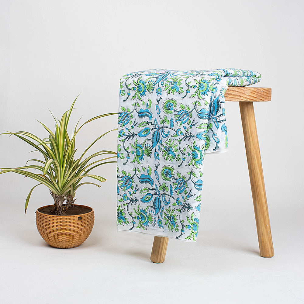 Green Natural Hand Dyed Floral Print Silk Fabric