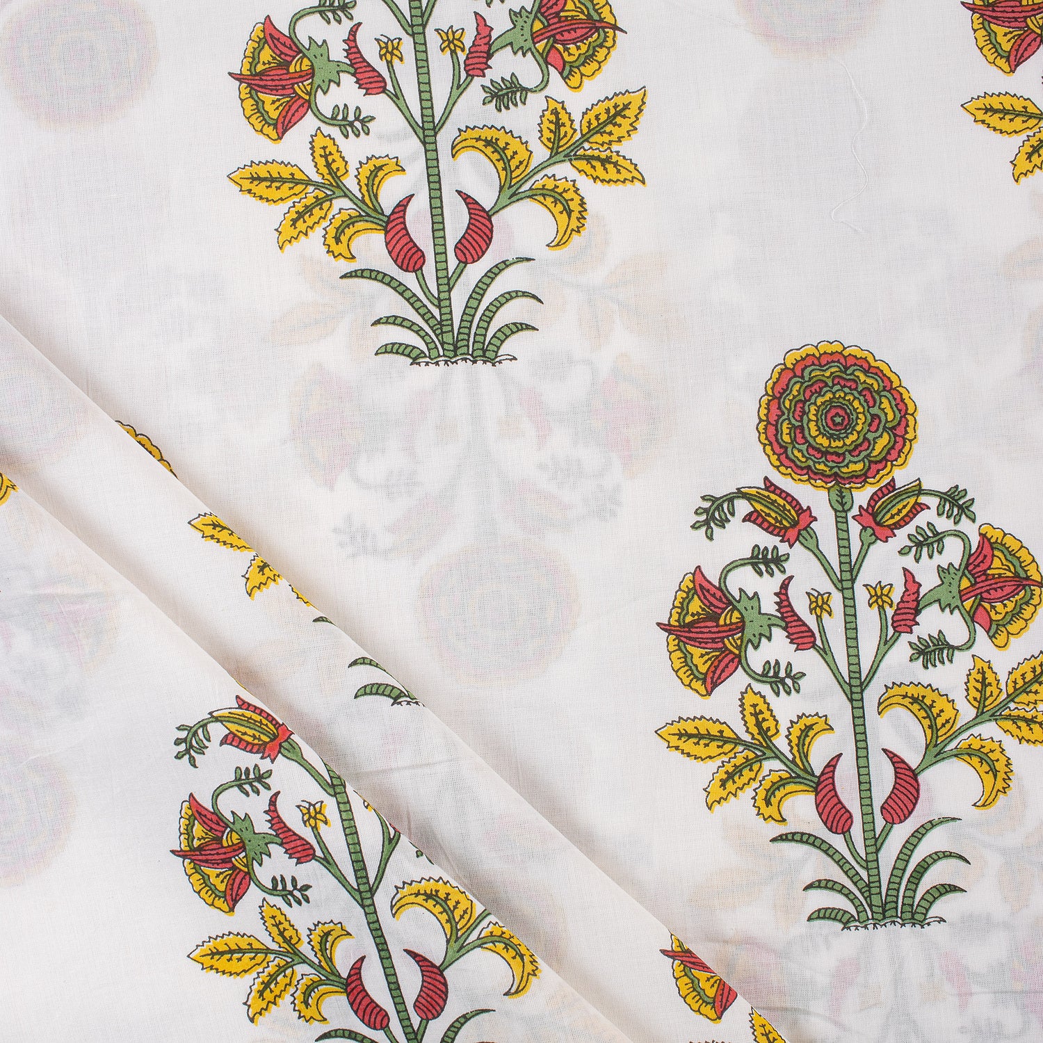 Yellow Floral Hand Block Printed Fabric