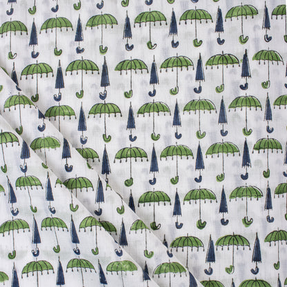 Green Umbrella Hand Block Printed Fabric