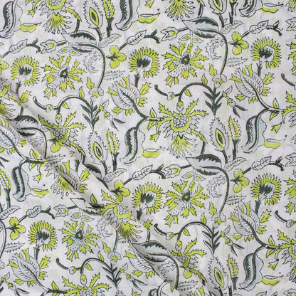Green Floral Hand Block Printed Cotton Fabric