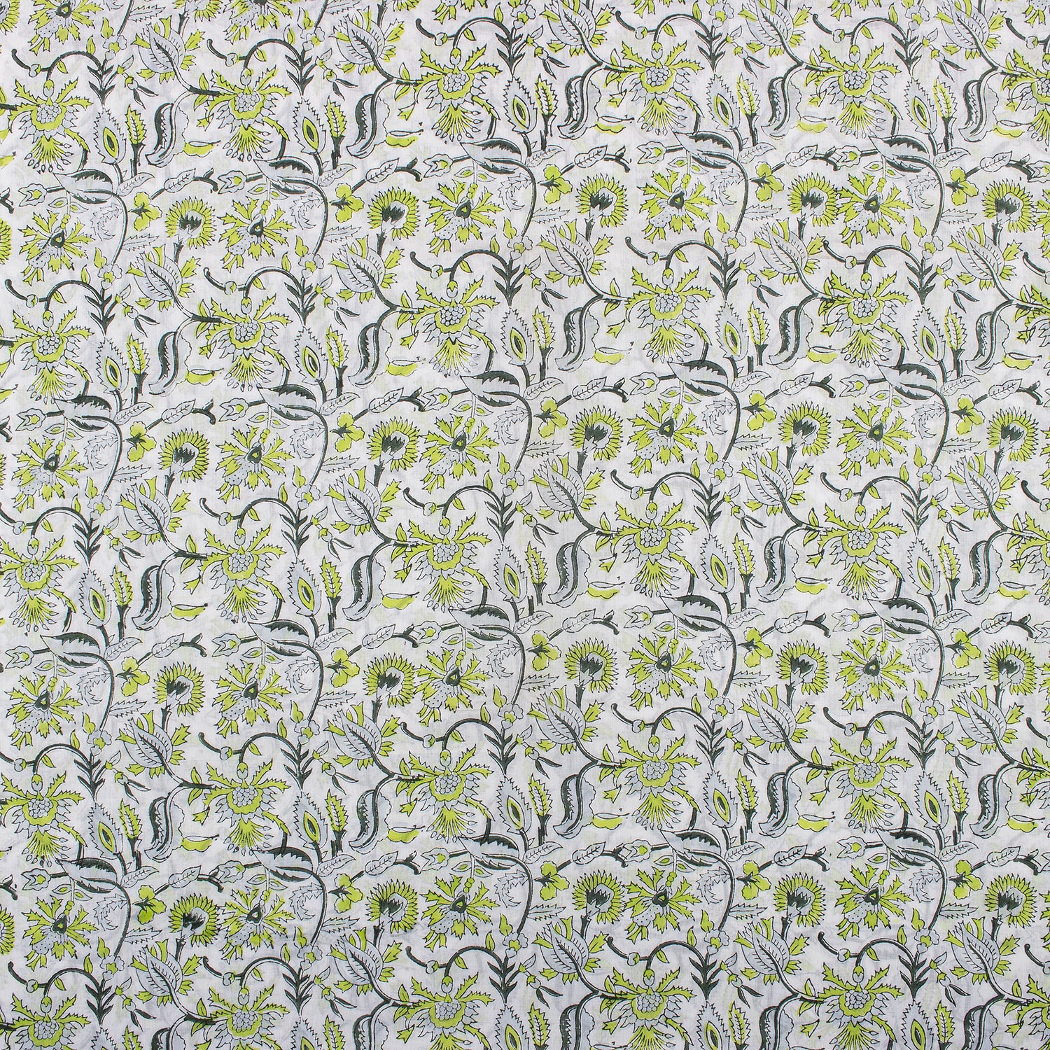 Green Floral Hand Block Printed Cotton Fabric