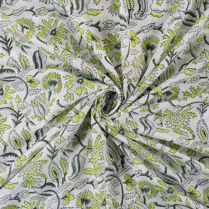 Green Floral Hand Block Printed Cotton Fabric