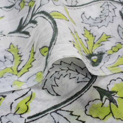 Green Floral Hand Block Printed Cotton Fabric