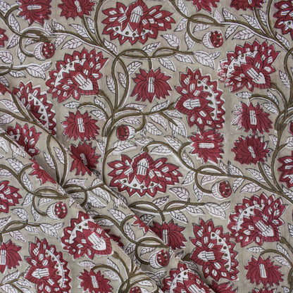 Red Floral Handmade Block Printed Fabric - Dress Material
