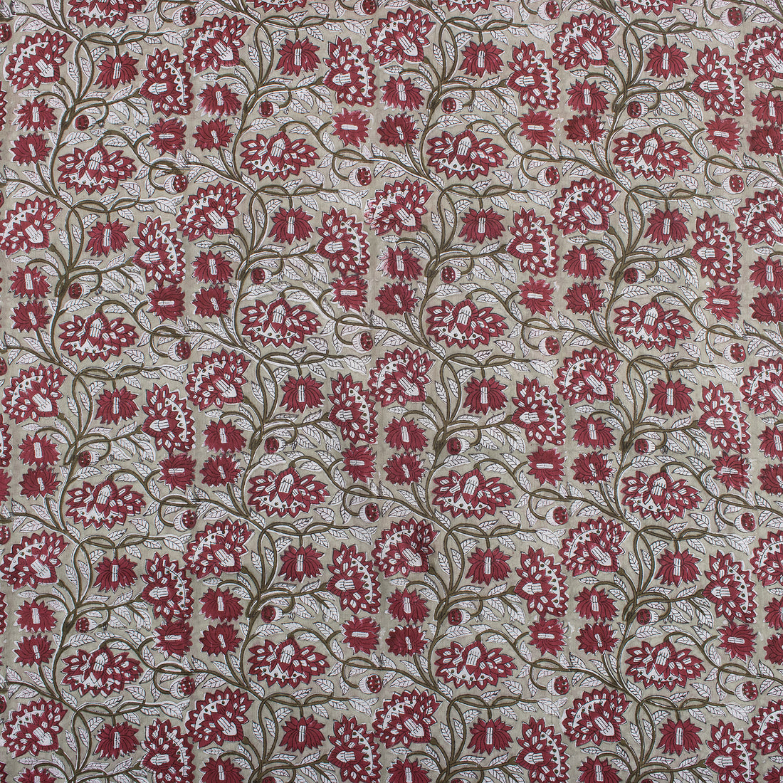 Red Floral Handmade Block Printed Fabric - Dress Material