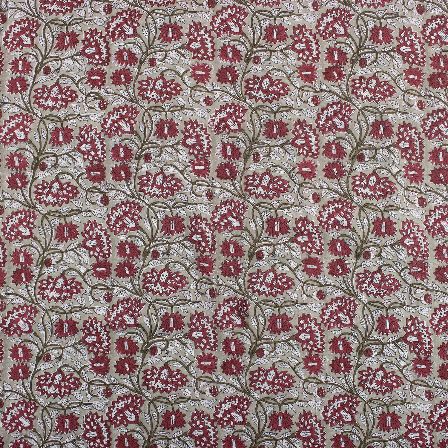Red Floral Handmade Block Printed Fabric - Dress Material