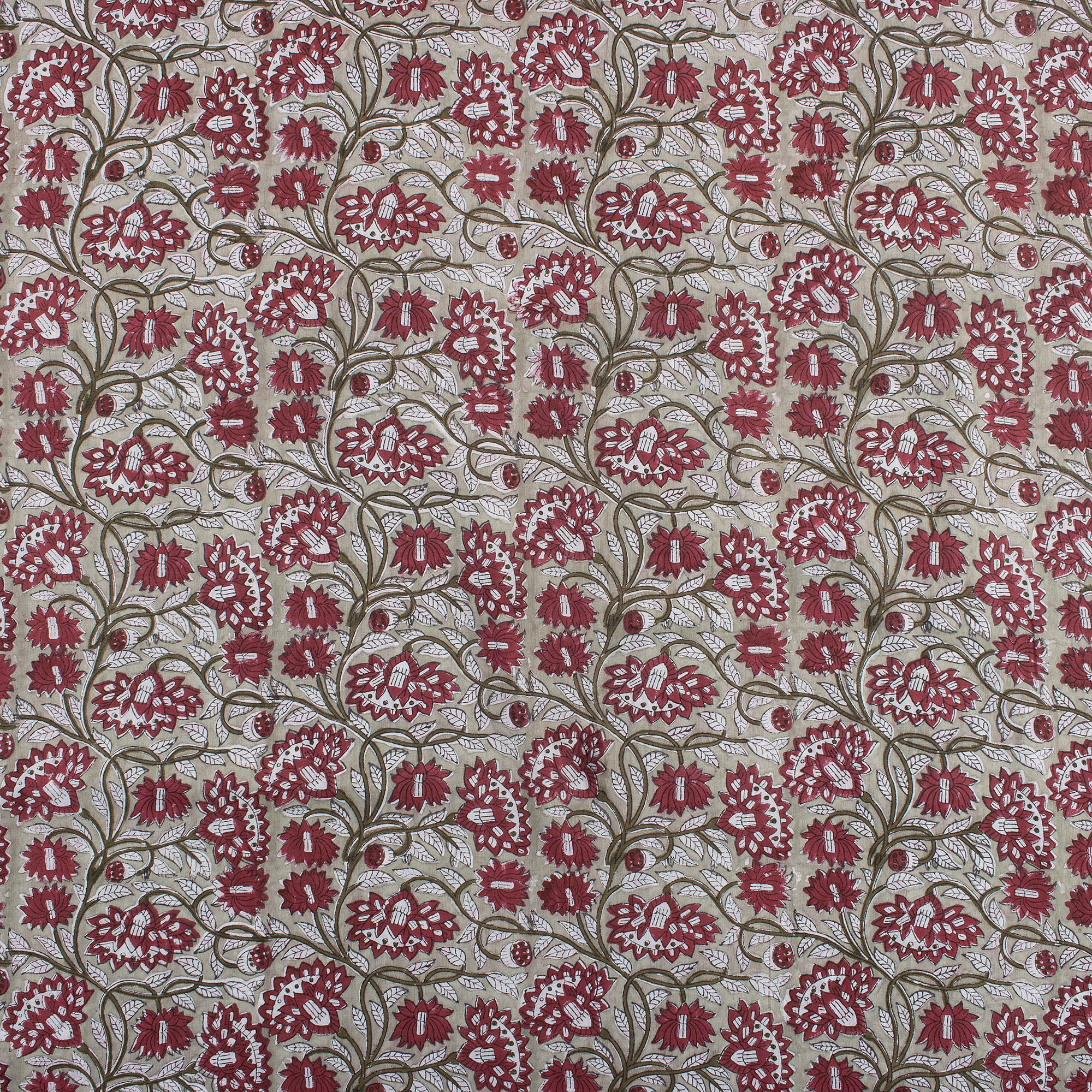 Red Floral Handmade Block Printed Fabric - Dress Material