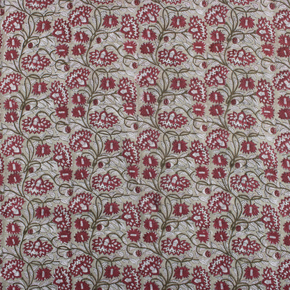 Red Floral Handmade Block Printed Fabric - Dress Material