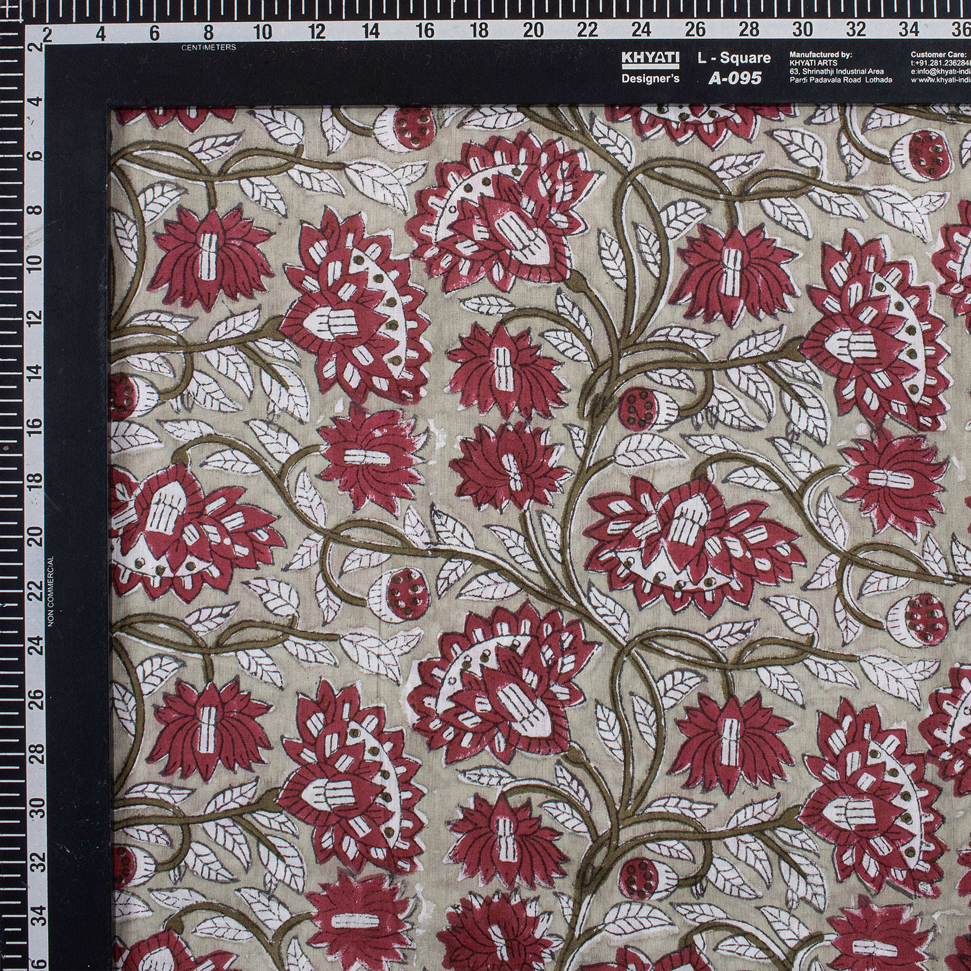 Red Floral Handmade Block Printed Fabric - Dress Material