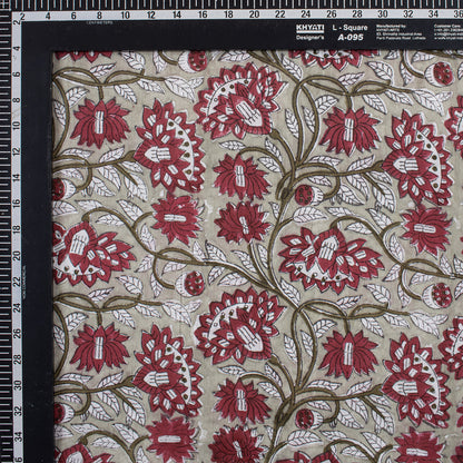 Red Floral Handmade Block Printed Fabric - Dress Material