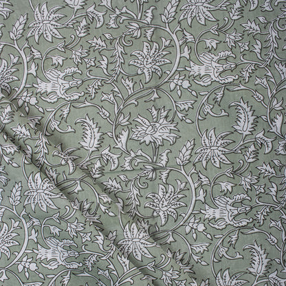 Olive Green Floral Hand Block Printed Pure Cotton Fabric