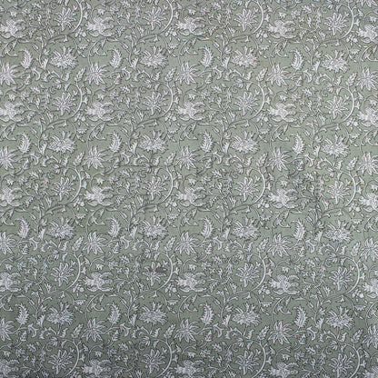 Olive Green Floral Hand Block Printed Pure Cotton Fabric