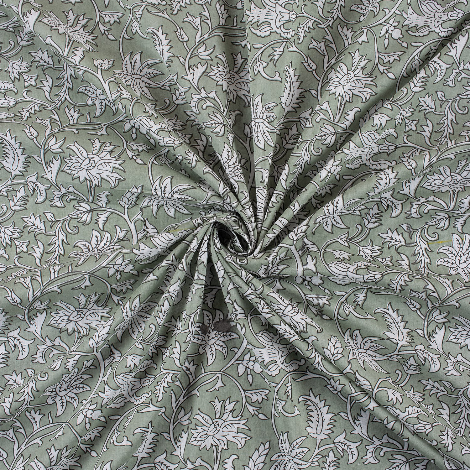 Olive Green Floral Hand Block Printed Pure Cotton Fabric