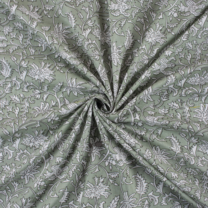 Olive Green Floral Hand Block Printed Pure Cotton Fabric