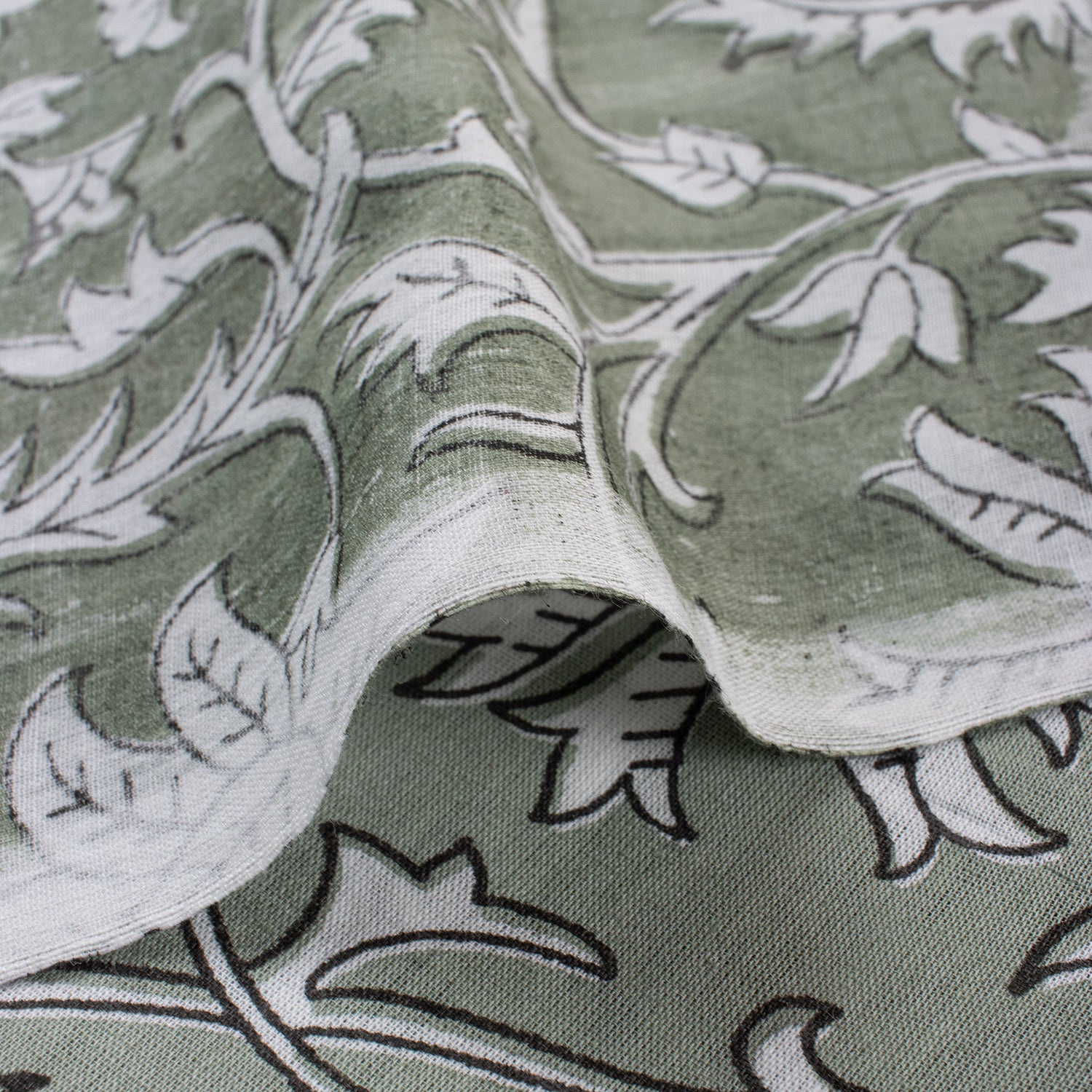 Olive Green Floral Hand Block Printed Pure Cotton Fabric