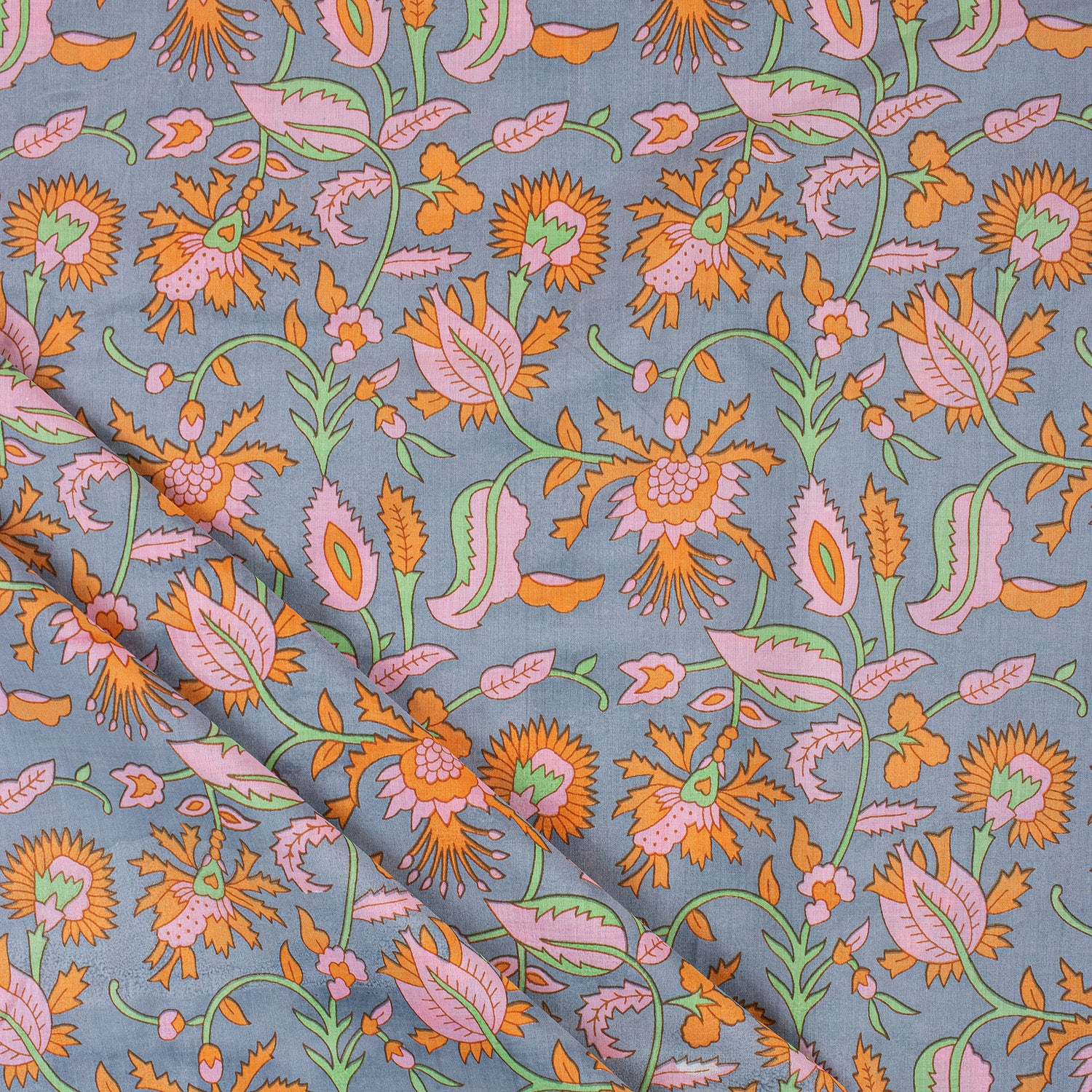 Orange Floral Hand Block Printed Fabric for Daily Wear