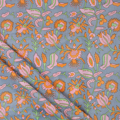 Orange Floral Hand Block Printed Fabric for Daily Wear