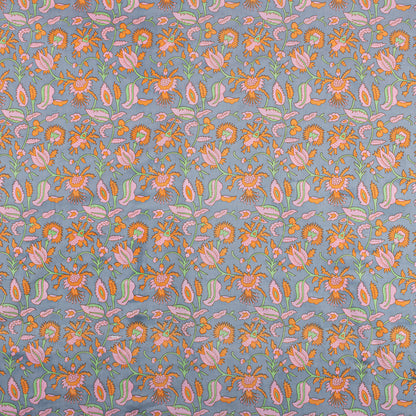 Orange Floral Hand Block Printed Fabric for Daily Wear