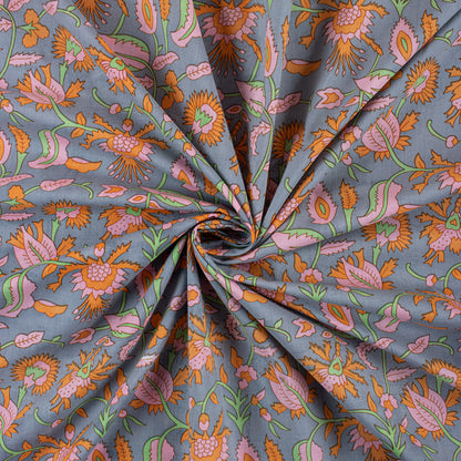 Orange Floral Hand Block Printed Fabric for Daily Wear