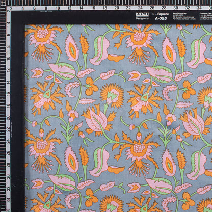 Orange Floral Hand Block Printed Fabric for Daily Wear